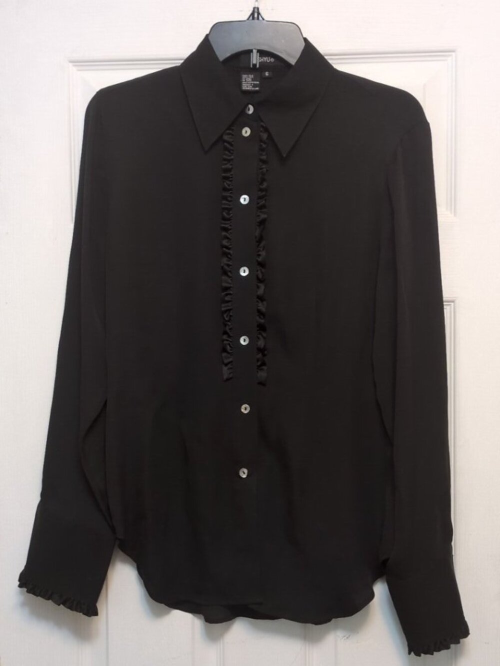 Vintage Ishyu Black Silk Blouse Button Up Sz 6 Satin Ruffle Detail Dressy Formal